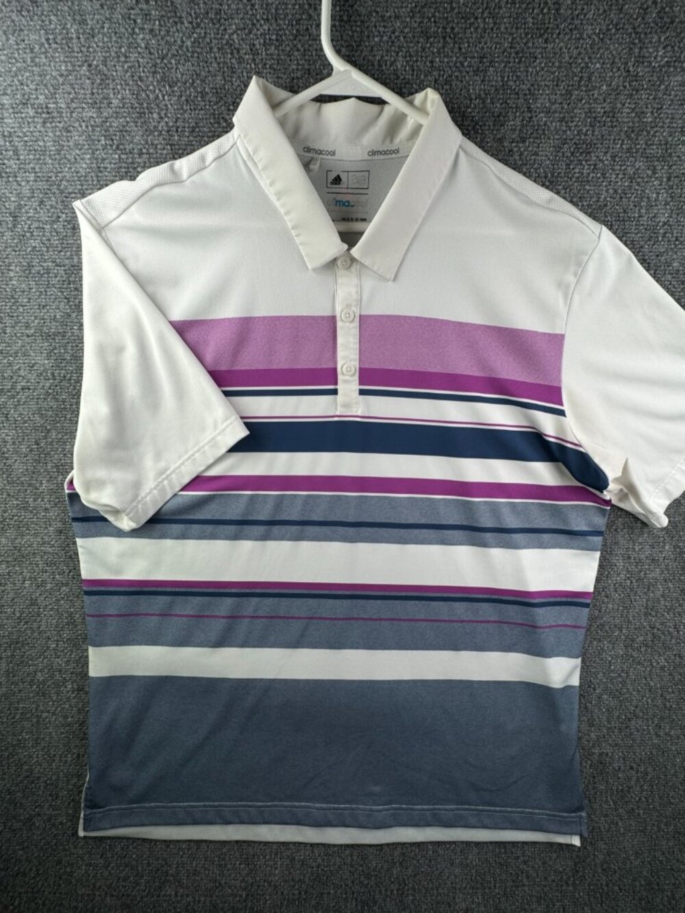 Adidas Men’s Short Sleeve Polo Shirt Golf Climacool XL White Purple Blue Striped